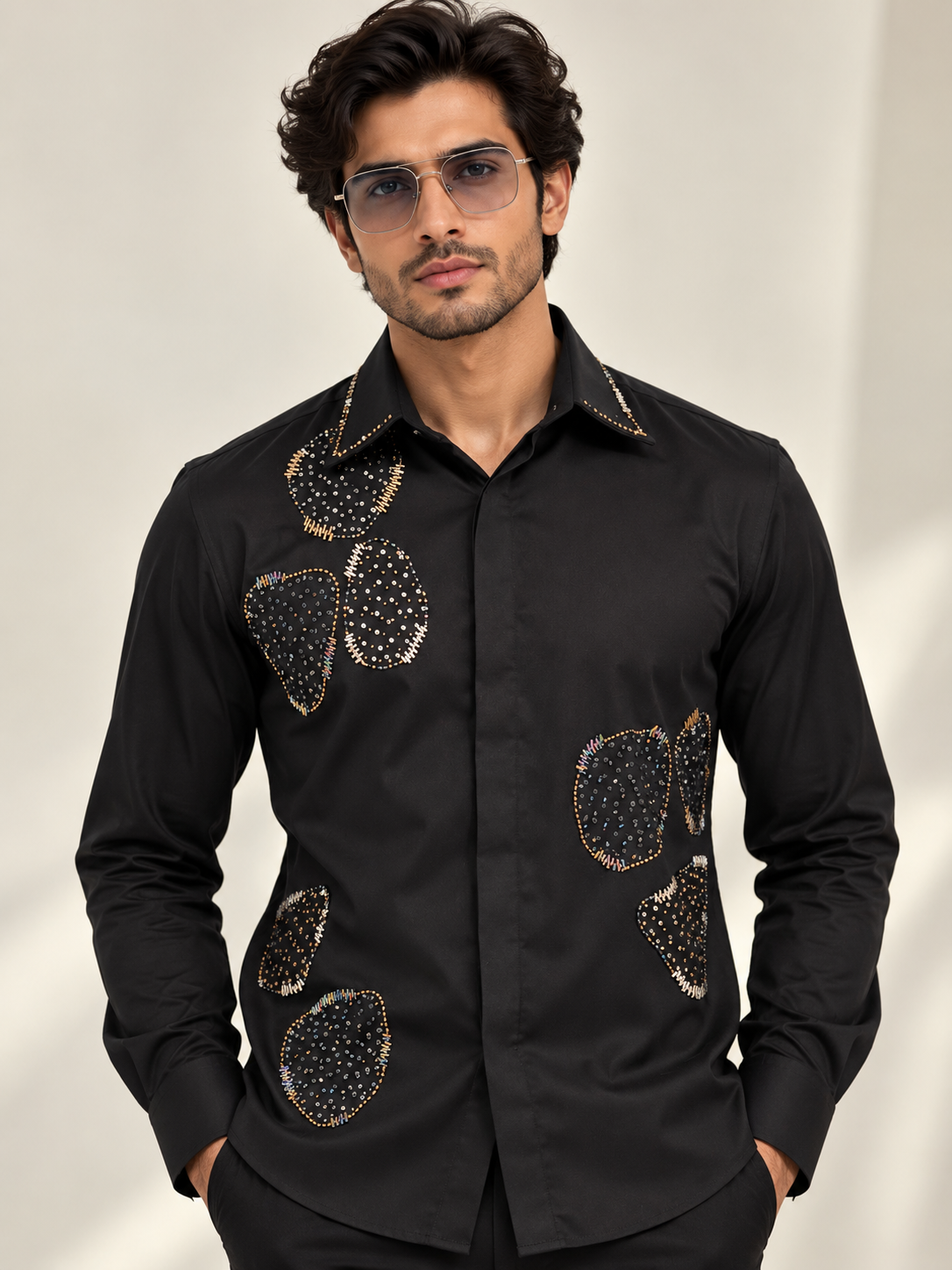 Pier Seven Men's Black Beaded Party Wear Shirt PWY265