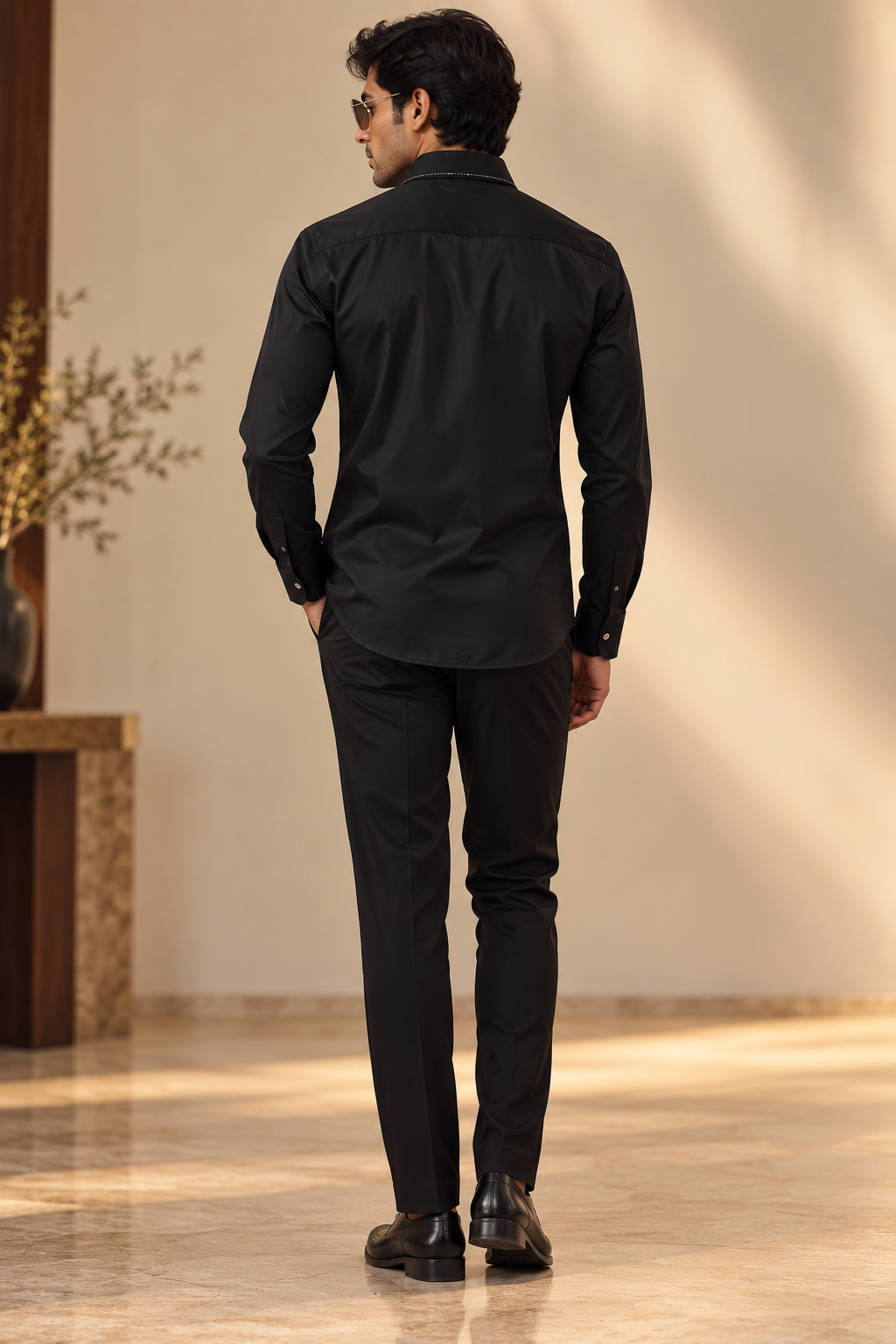 Pier Seven Men's Black Beaded Party Wear Shirt PWY265