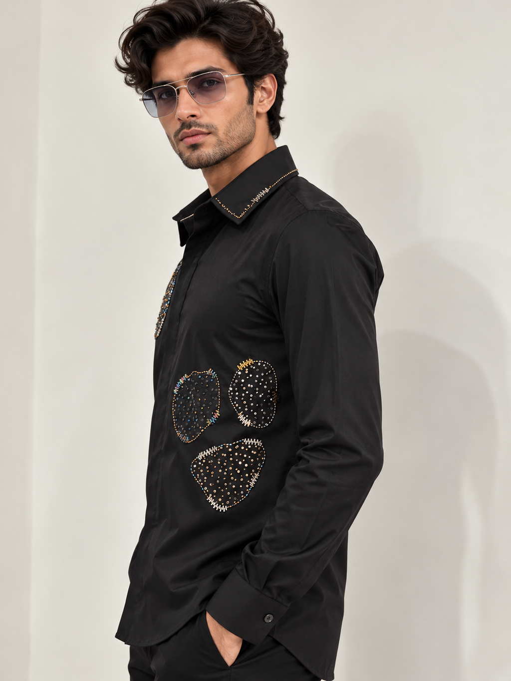 Pier Seven Men's Black Beaded Party Wear Shirt PWY265