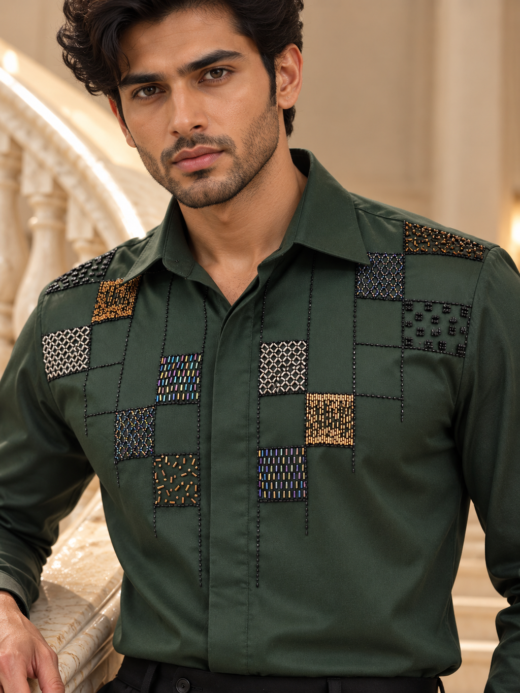 Pier Seven Green Geometric Embellished Shirt PWY266