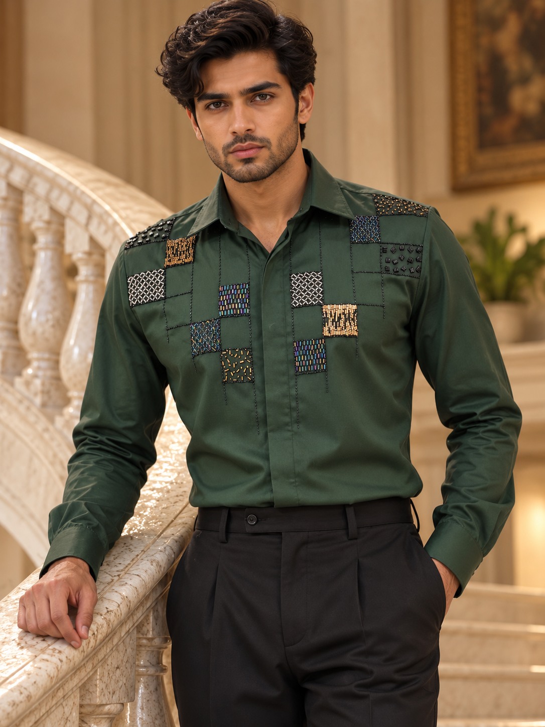 Pier Seven Green Geometric Embellished Shirt PWY266