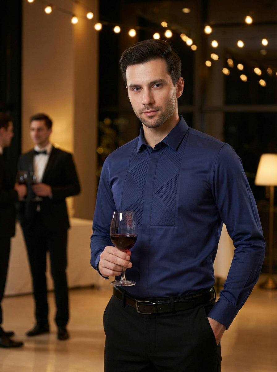 COTTON SATIN PIN TUCK YOKE PARTY SHIRT NAVY