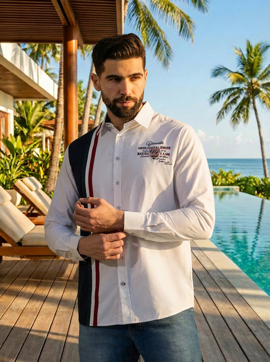 Urban Cotton Embroided Colour Block Regular Fit Shirt for Men - White (CWY020)