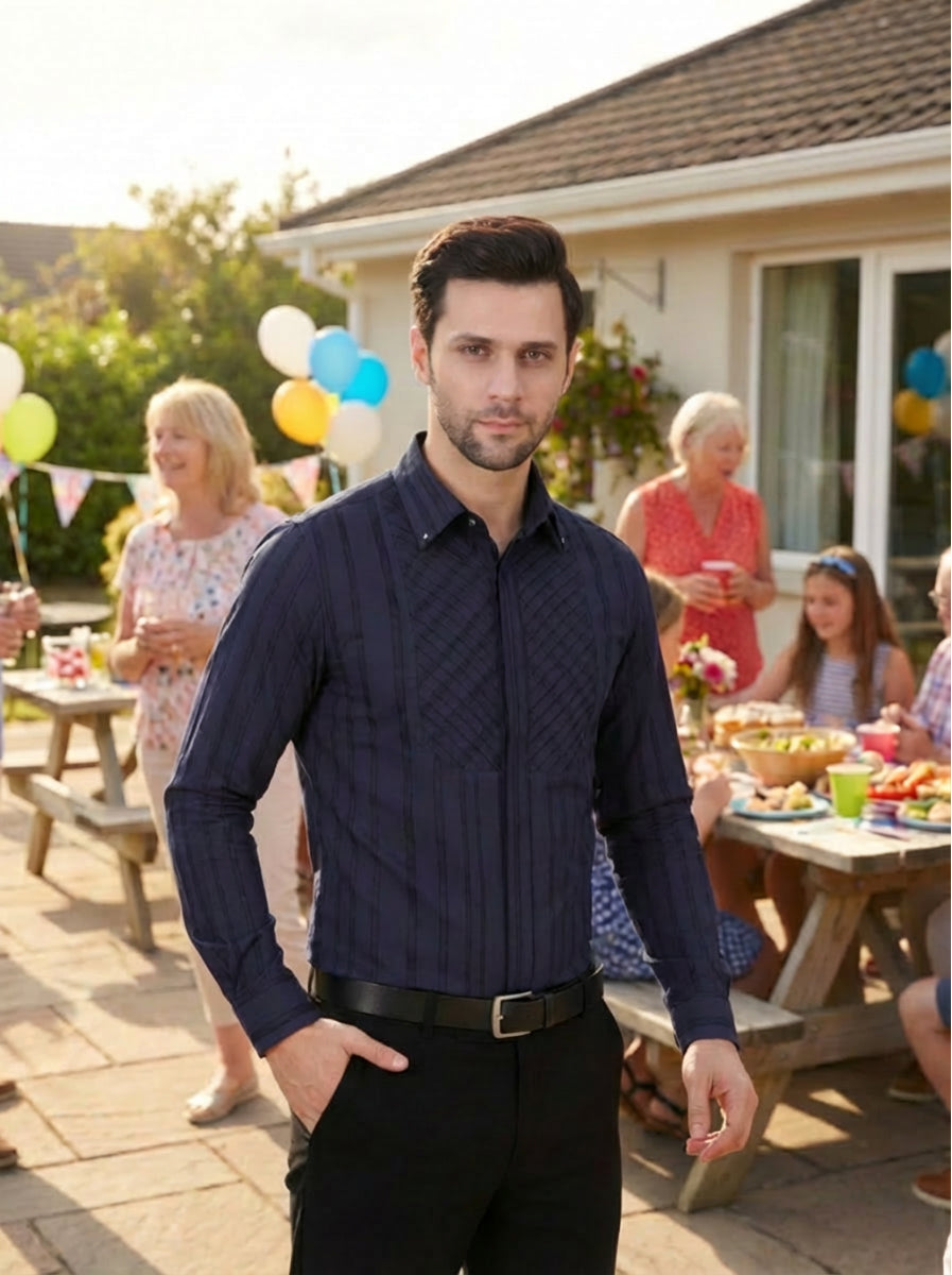 MID NIGHT SHEER GRID STRIPE SHIRT NAVY