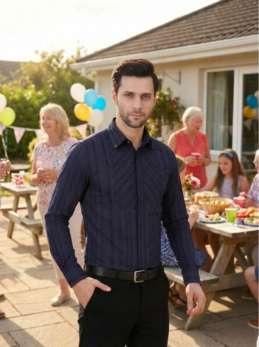 Men's Cotton Striped Pleated Yoke Regular Fit Shirt - Navy Blue (PWY054)