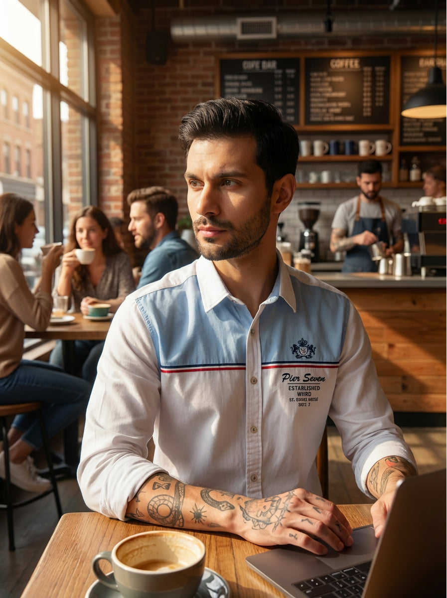 LIGHT BLUE YOKE CASUAL EMBROIDED JEANSWEAR SHIRT WHITE