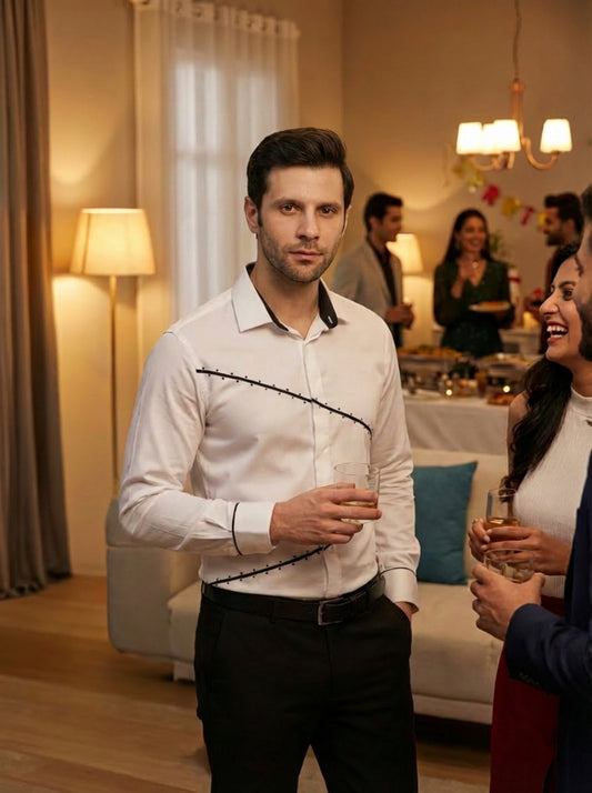 Signature Cotton Blend Lace Work Slim Fit Shirt for Men - White (PWY062)