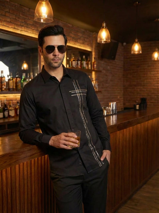 Men's Cotton Woven With Sequins Slim Fit Shirt - Black (PWY023)