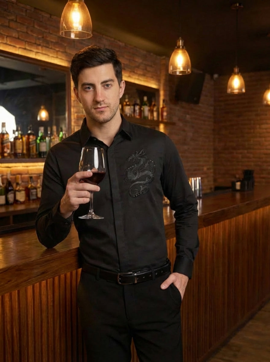 BLACK DRAGON CREST EMBROIDED FORMAL PARTY SHIRT