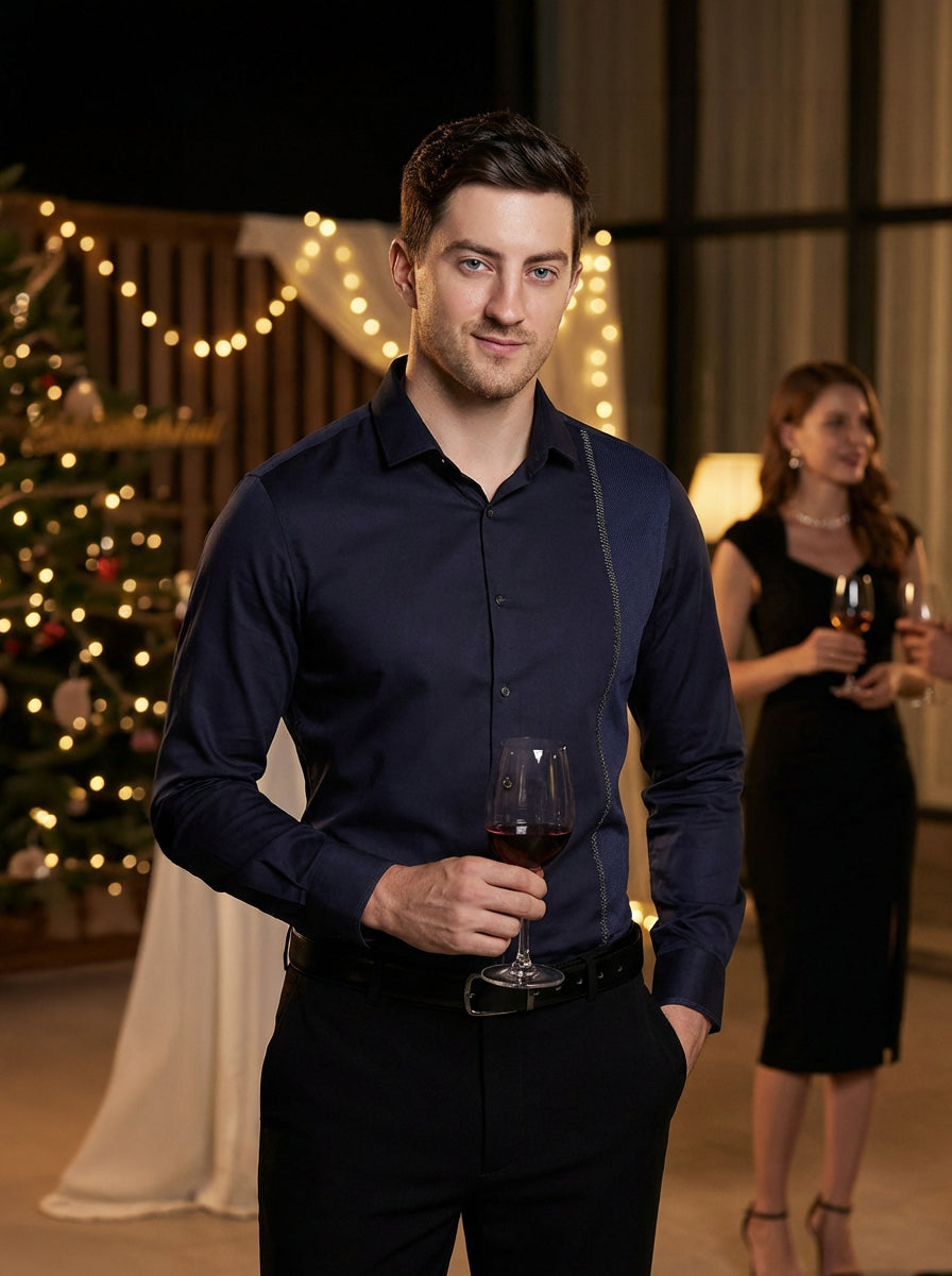 COTTON SATIN LUREX EMBROIDED PARTY SHIRT NAVY