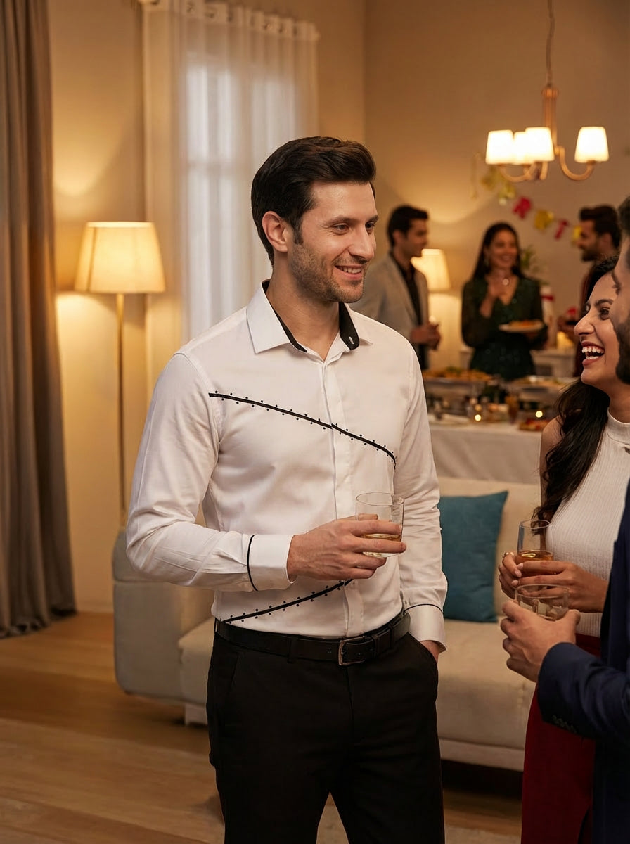 COTTON SATIN WHITE CONTRAST SWIRL DETAIL PARTY SHIRT