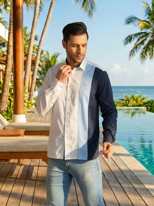 Urban Cotton Embroided Colour Block Regular Fit Shirt for Men - White (CWY050)