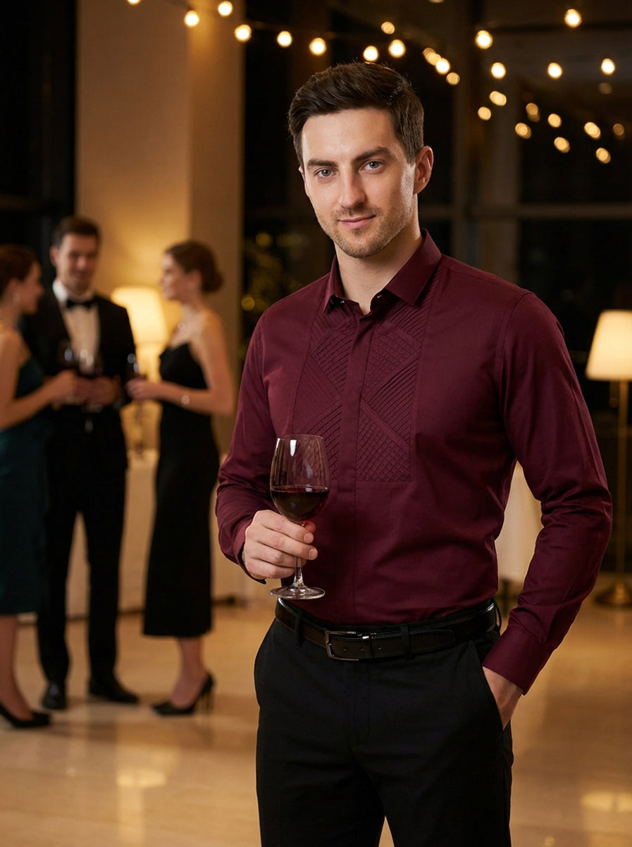 COTTON SATIN PIN TUCK YOKE PARTY SHIRT MAROON