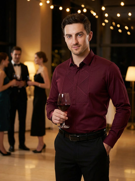 Signature Cotton Satin Self Design Slim Fit Shirt for Men - Maroon (PWM021)