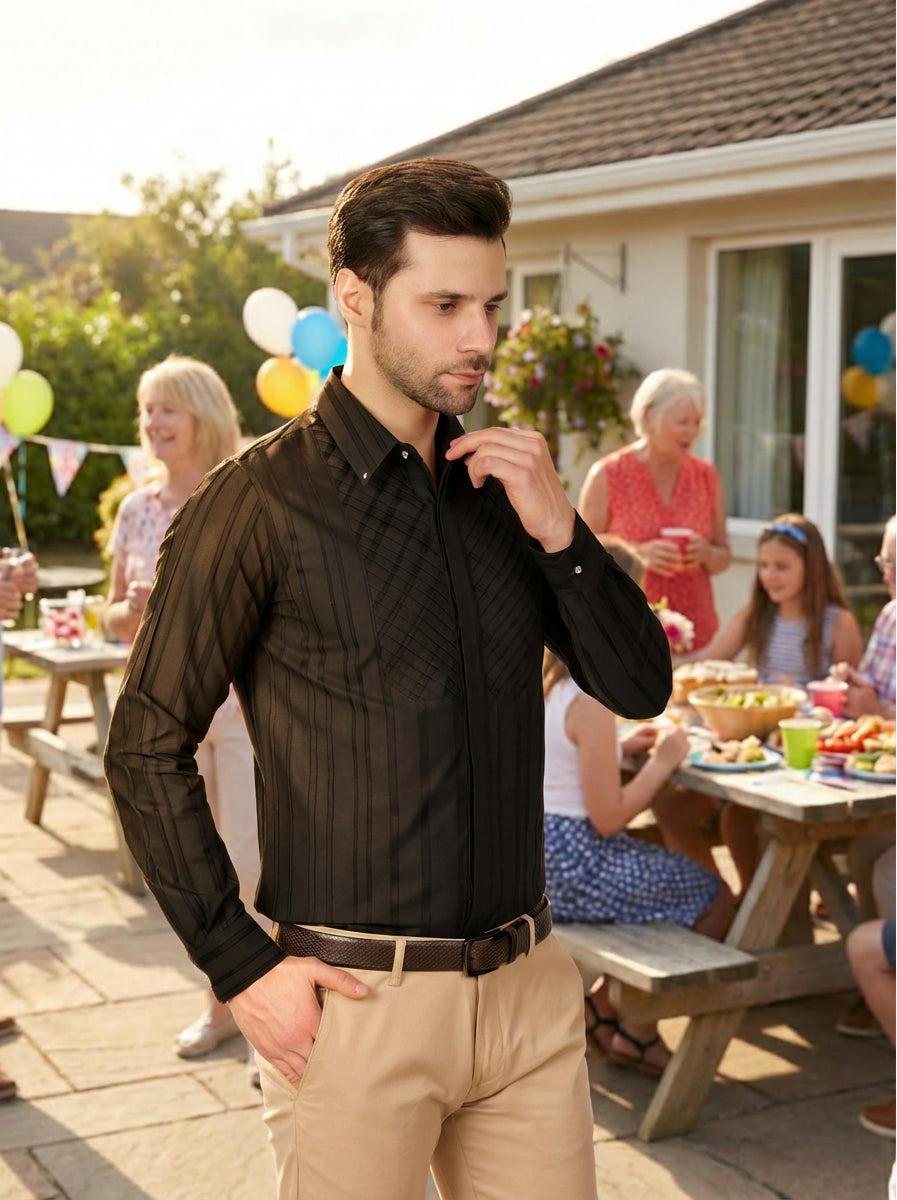 MID NIGHT SHEER GRID STRIPE PARTY SHIRT BLACK