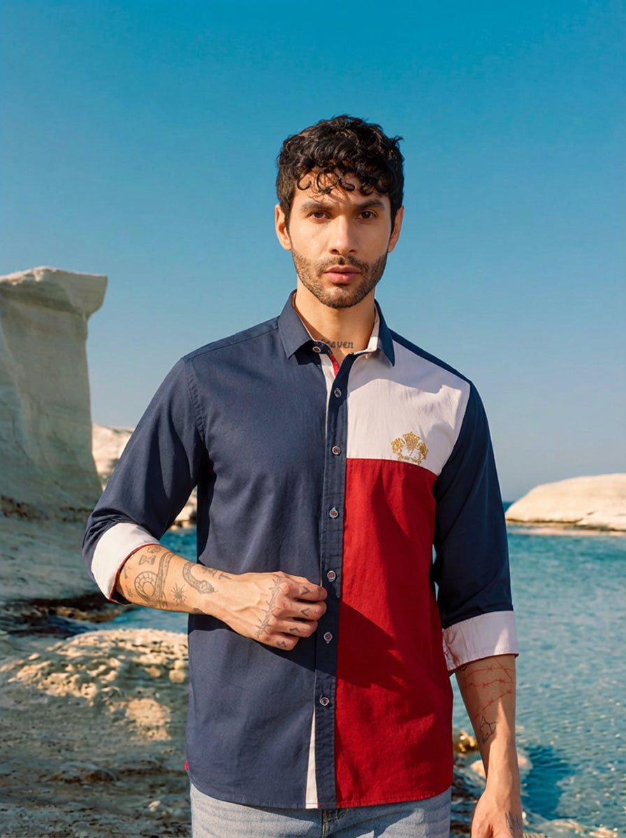REGAL TRICOLOUR CREST BLOCK EMBROIDED JEANSWEAR  SHIRT NAVY
