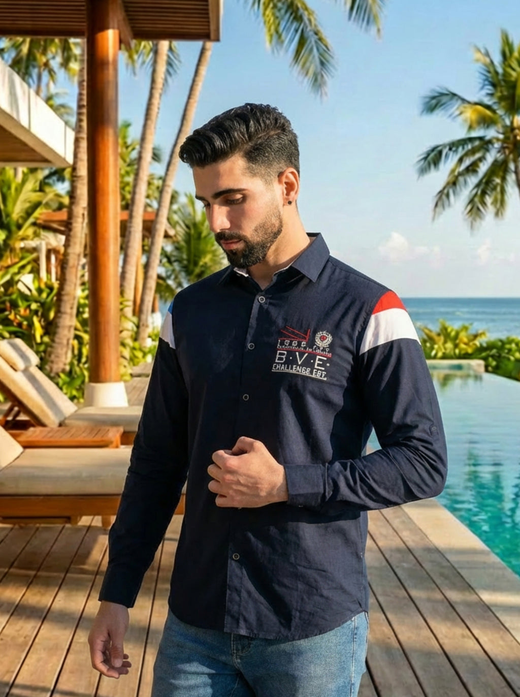 NAVY SHOULDER STRIPE EMBROIDED JEANSWEAR SHIRT