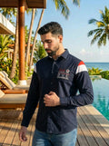 NAVY SHOULDER STRIPE EMBROIDED JEANSWEAR SHIRT