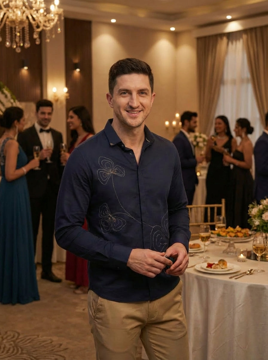 MIDNIGHT SWIRL EMBROIDED NAVY PARTY SHIRT