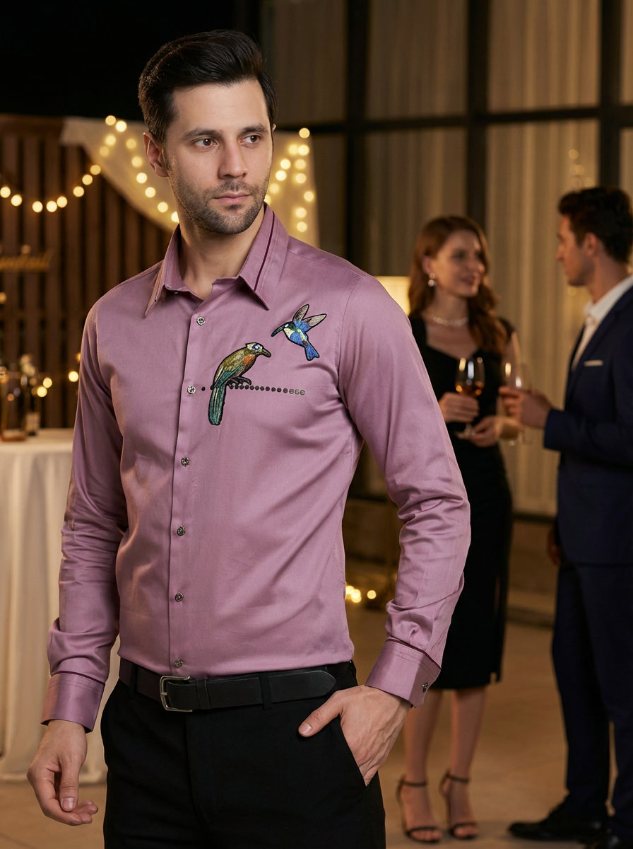 COTTON SATIN MAUVE TROPICAL BIRD EMBROIDED PARTY SHIRT