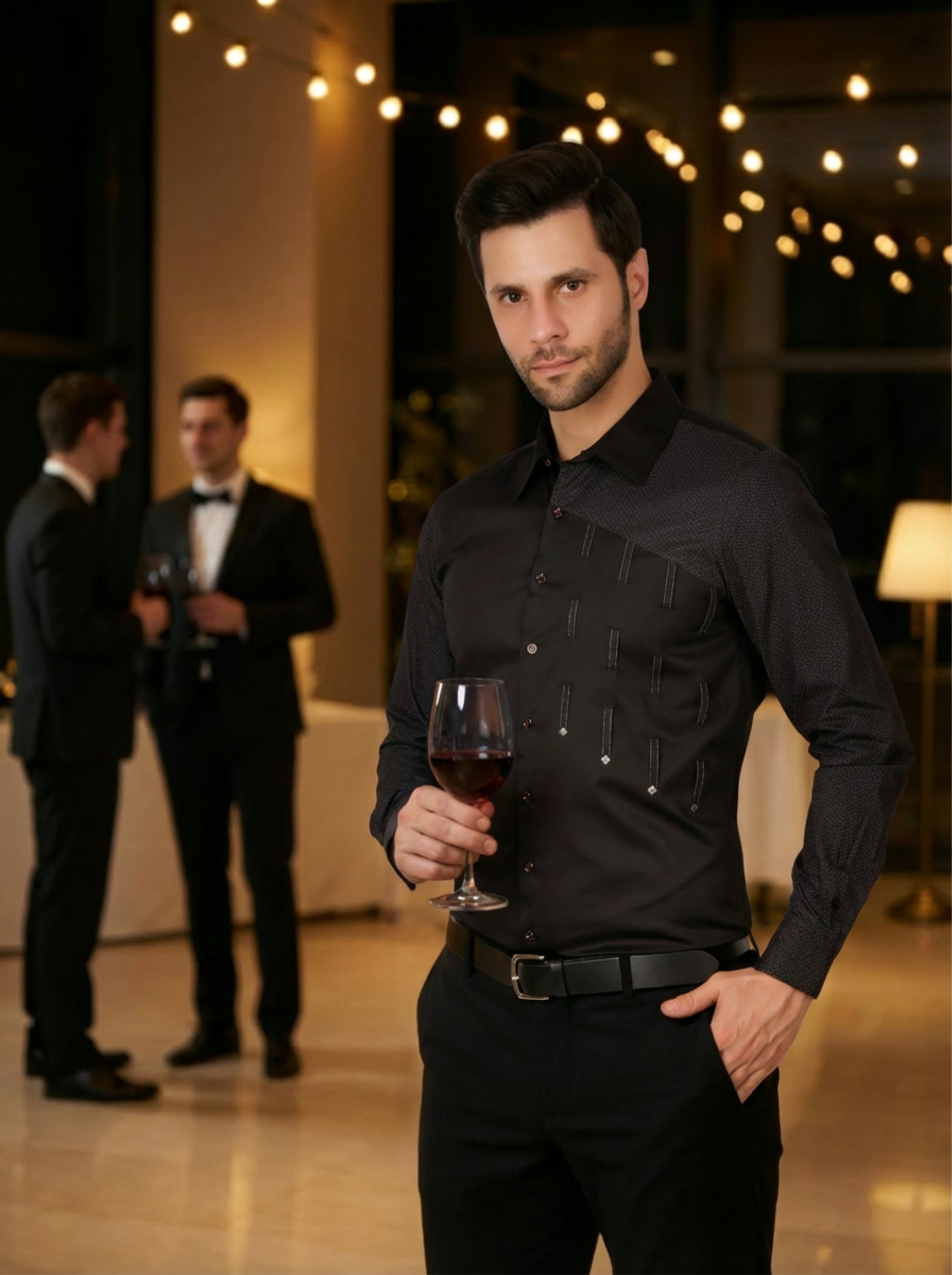 COTTON SATIN MID NIGHT MATRIX DETAIL PARTY SHIRT BLACK