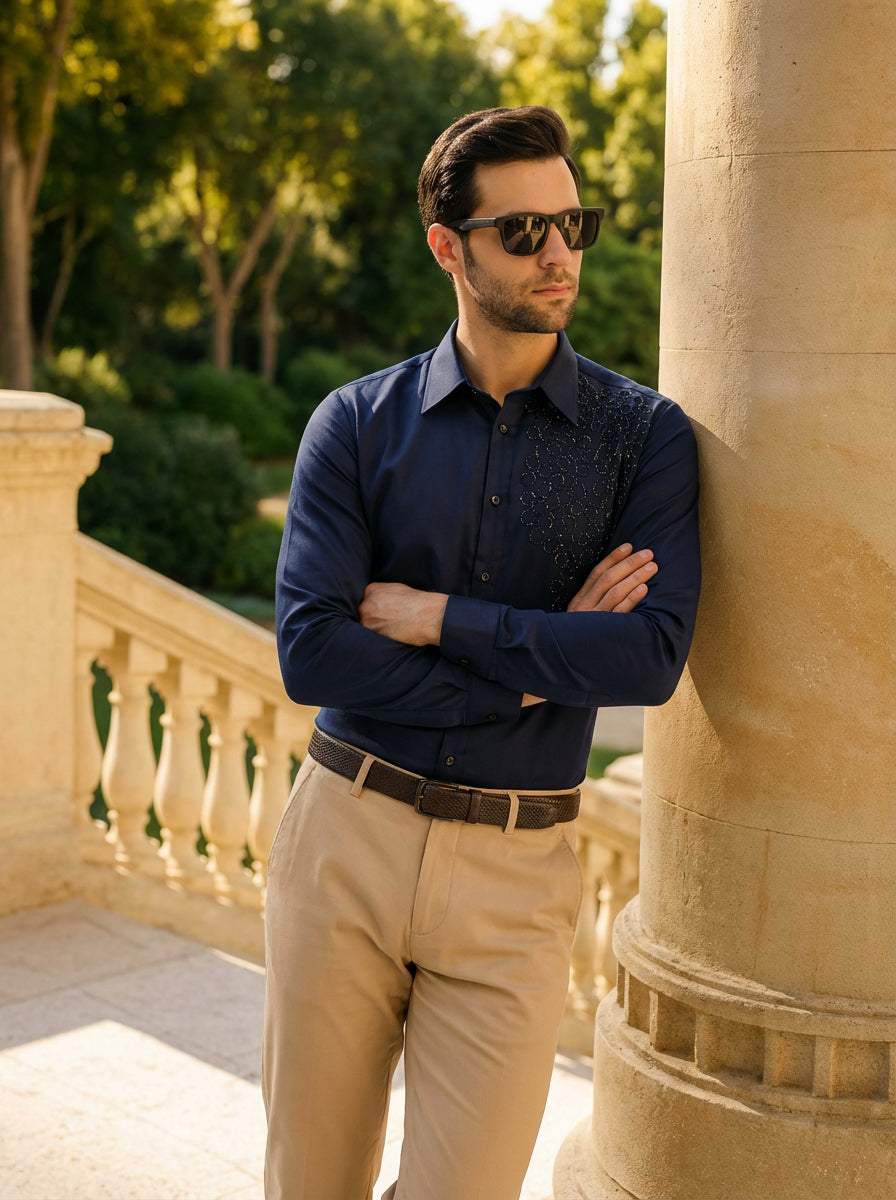 COTTON SATIN HAND EMBROIDED BEAD WORK PARTY SHIRT NAVY