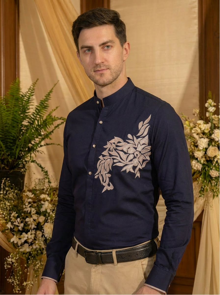 MIDNIGHT LAUREL EMBROIDED BAND COLLAR ETHNIC PARTY SHIRT