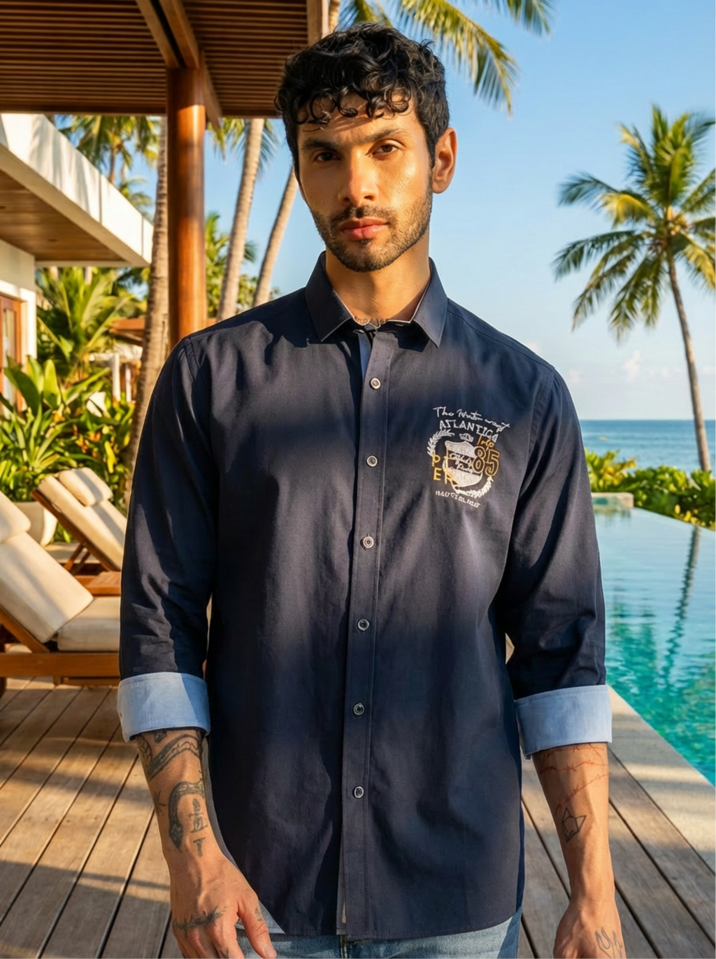 ATLANTIC DRIFT SCRIPT JEANSWEAR SHIRT EMBROIDED NAVY