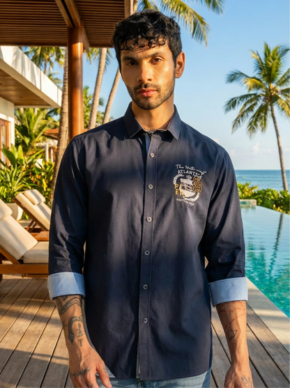 Luxe Cotton Embroidered Men's Regular Fit Shirt - Navy (JWM023)