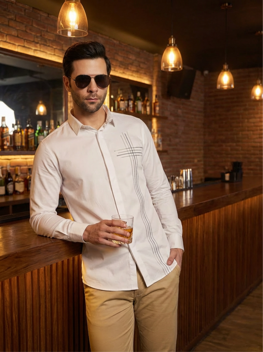 Men's Cotton Woven With Sequins Slim Fit Shirt - White (PWY023)