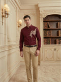 MAROON BLOOM EMBROIDED BAND COLLAR ETHNIC PARTY SHIRT