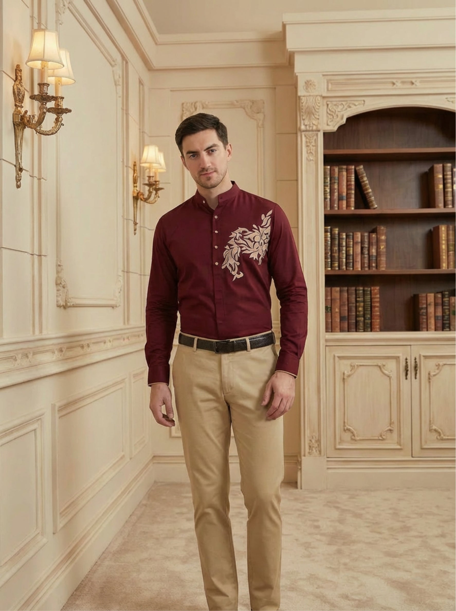 MAROON BLOOM EMBROIDED BAND COLLAR ETHNIC PARTY SHIRT
