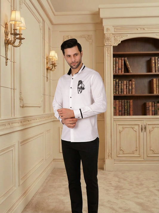 Men's Cotton Blend Embroided Slim Fit Shirt - White (PWY038)