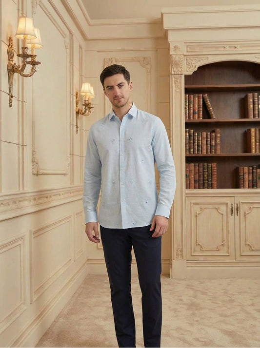 Ethnic Cotton Self Design Slim Fit Shirt for Men - Light Blue (PWY079)