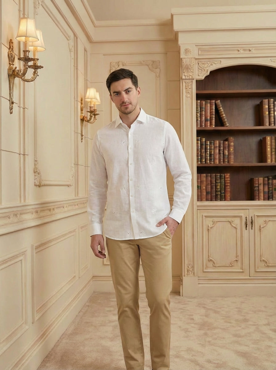 WHITE SUBTLE MIRROR WORK EMBROIDED ETHNIC PARTY SHIRT