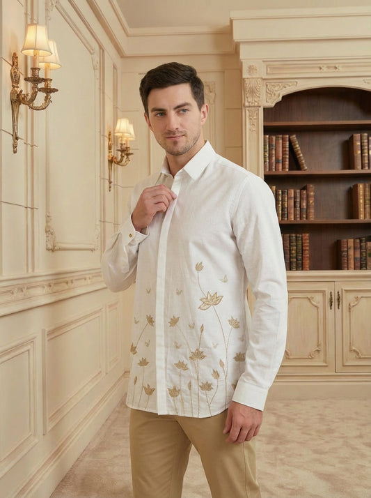 Ethnic Cotton Embroidered Slim Fit Shirt for Men - White (PWE004)
