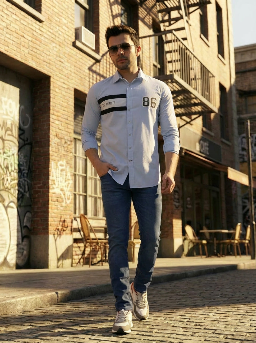 VARSITY STRIPE 86 PANEL CASUAL SHIRT LIGHT BLUE