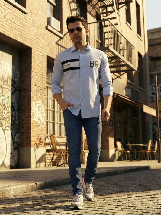 Men's Cotton Blended Placement Print Regular Fit Shirt - Blue (CWY011)