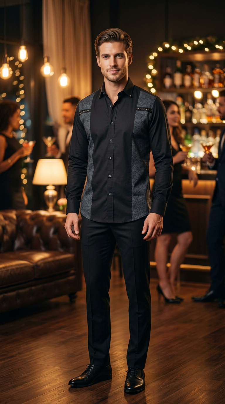 BLACK TEXTURE PRINT PANEL PARTY SHIRT  (PWY096)