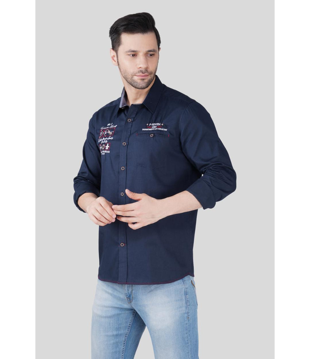 Premium Navy Blue Casual Shirt for Men | Embroidered Regular Fit Cotton Shirt (CWY065)