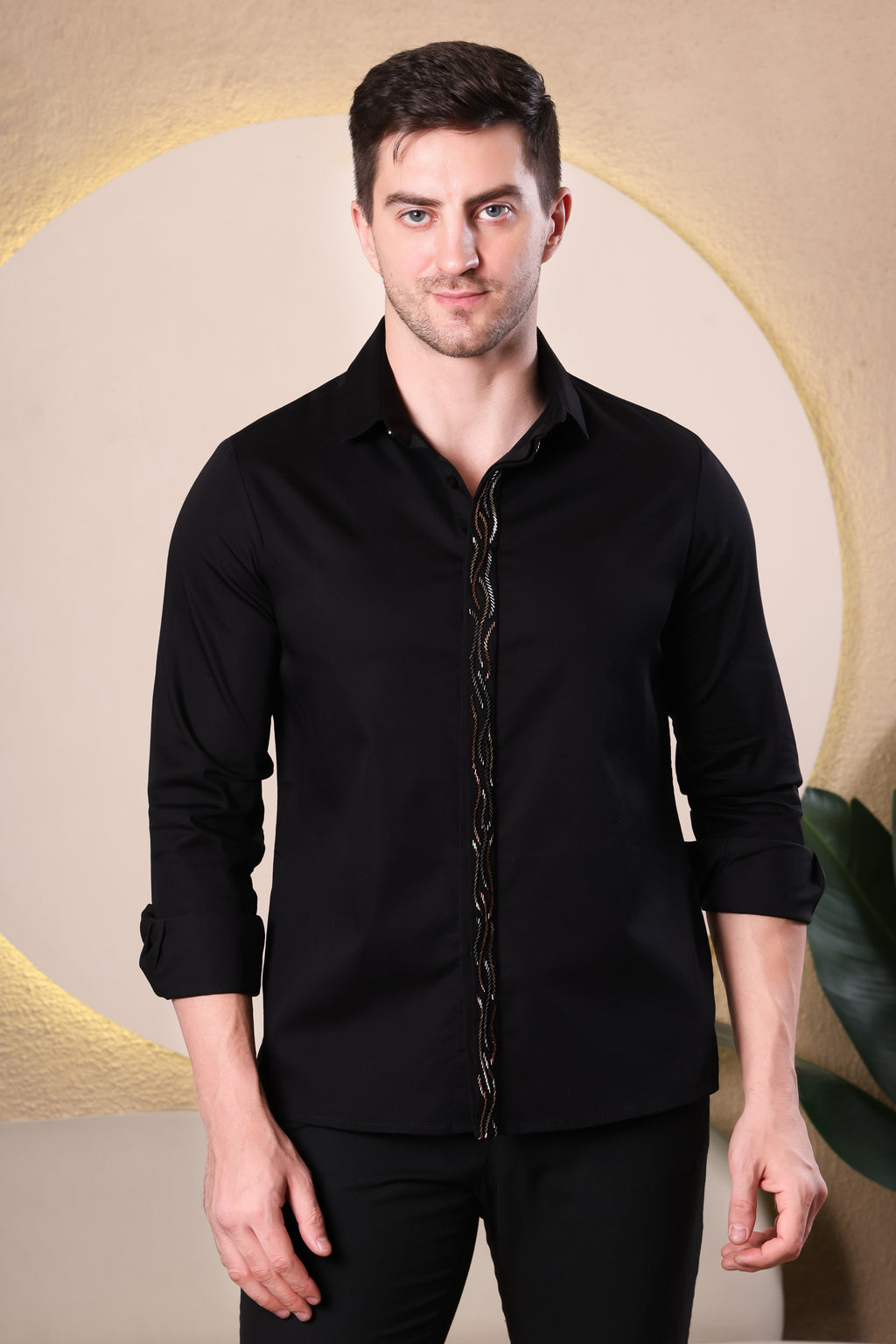 BLACK SATIN BEADED PLACKET PARTY SHIRT (PWY234)