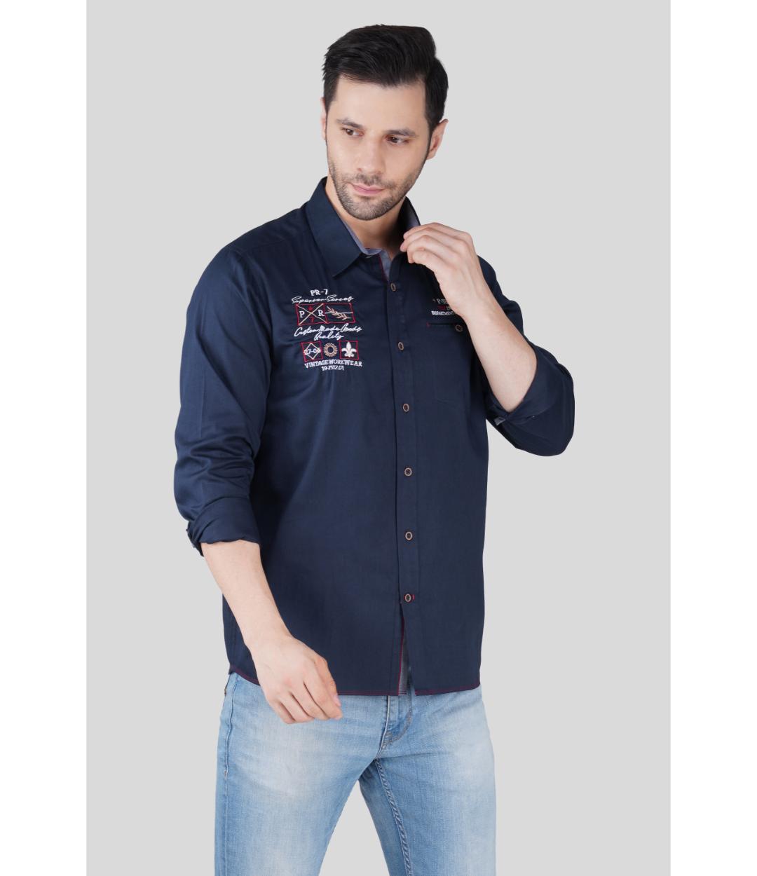 Premium Navy Blue Casual Shirt for Men | Embroidered Regular Fit Cotton Shirt (CWY065)