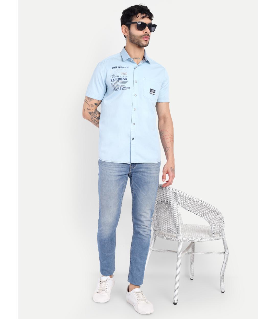 Premium Sky Blue Printed Casual Shirt for Men – Regular Fit, Short Sleeve Cotton Shirt (CWY069)