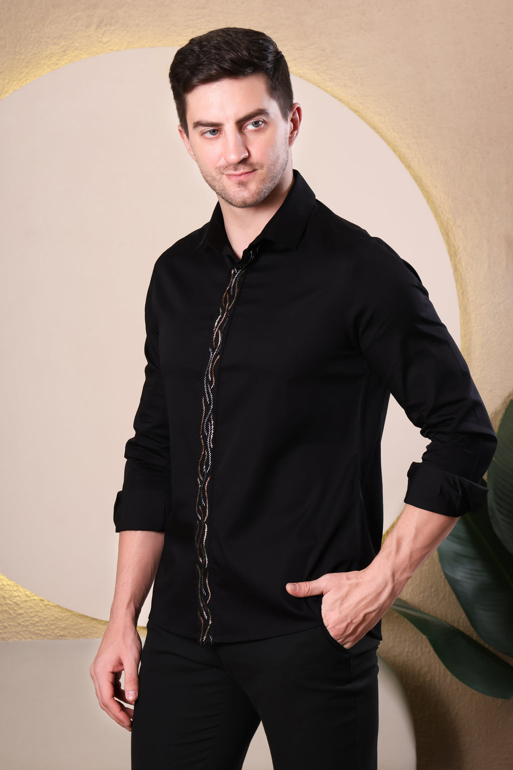 BLACK SATIN BEADED PLACKET PARTY SHIRT (PWY234)