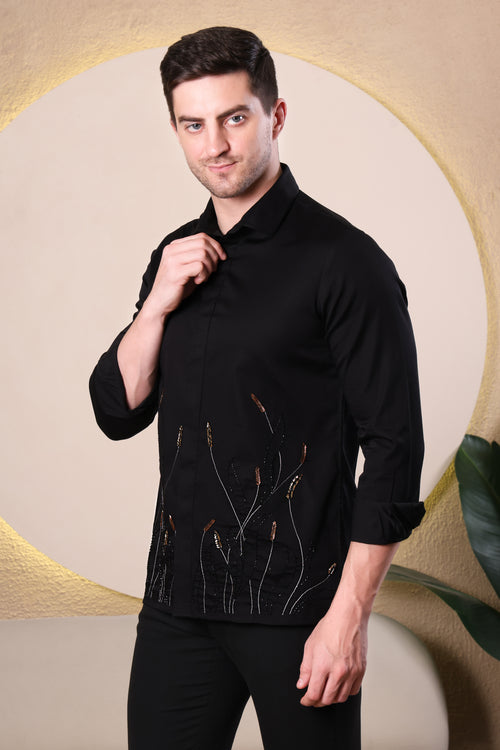 BLACK SATIN BOTANICAL HAND EMBROIDED BEAD WORK SHIRT (PWY229)