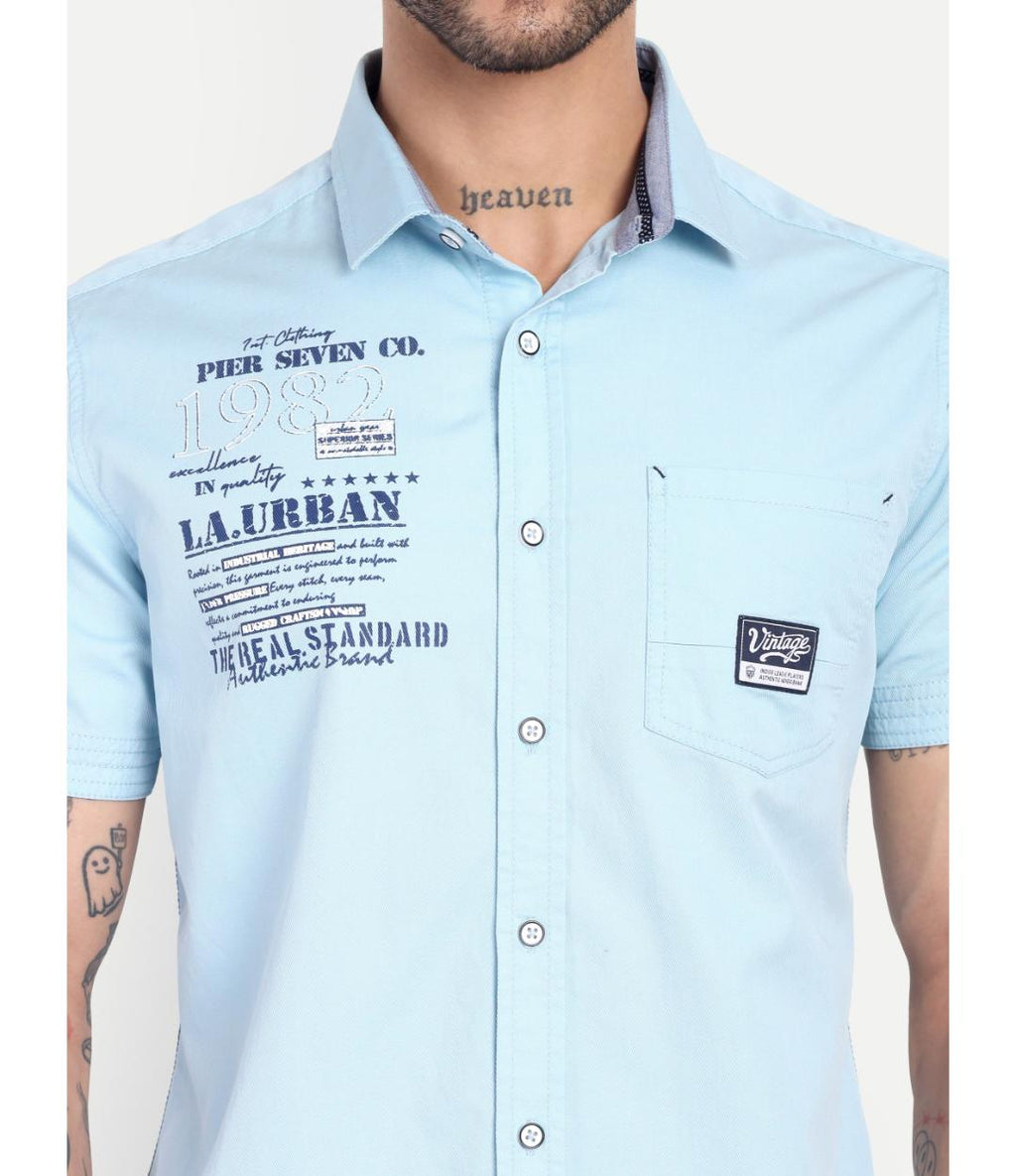 Premium Sky Blue Printed Casual Shirt for Men – Regular Fit, Short Sleeve Cotton Shirt (CWY069)