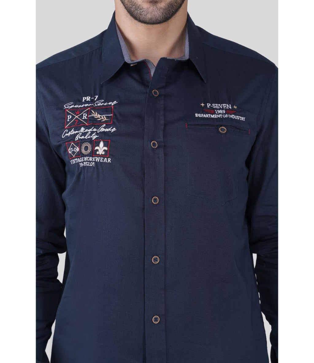 Premium Navy Blue Casual Shirt for Men | Embroidered Regular Fit Cotton Shirt (CWY065)