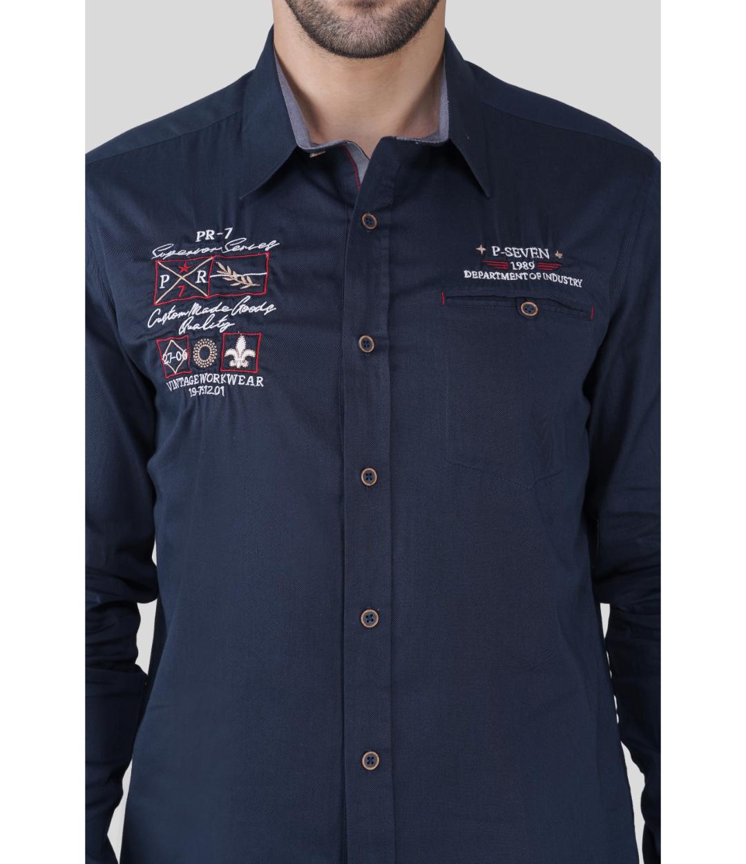 Premium Navy Blue Casual Shirt for Men | Embroidered Regular Fit Cotton Shirt (CWY065)