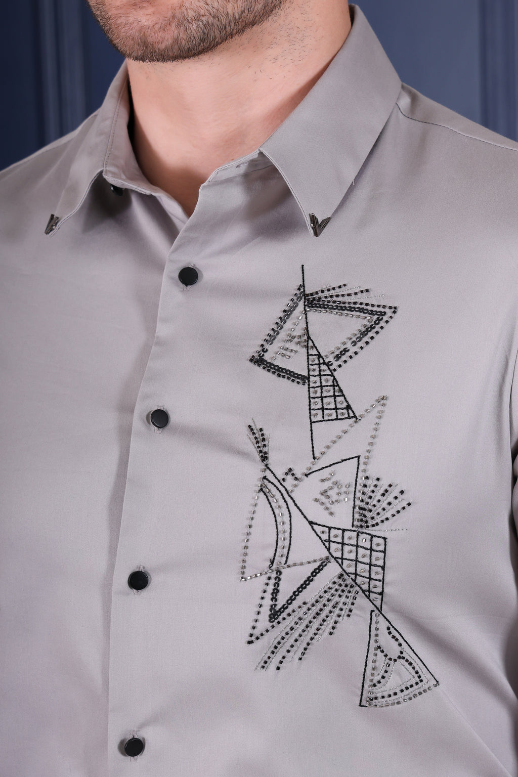 GEO LINE HAND EMBROIDED BEADWORK PARTY SHIRT GREY SATIN (PWY231)