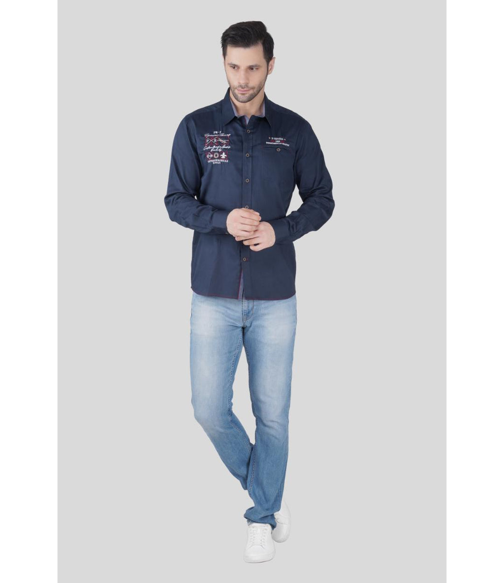 Premium Navy Blue Casual Shirt for Men | Embroidered Regular Fit Cotton Shirt (CWY065)